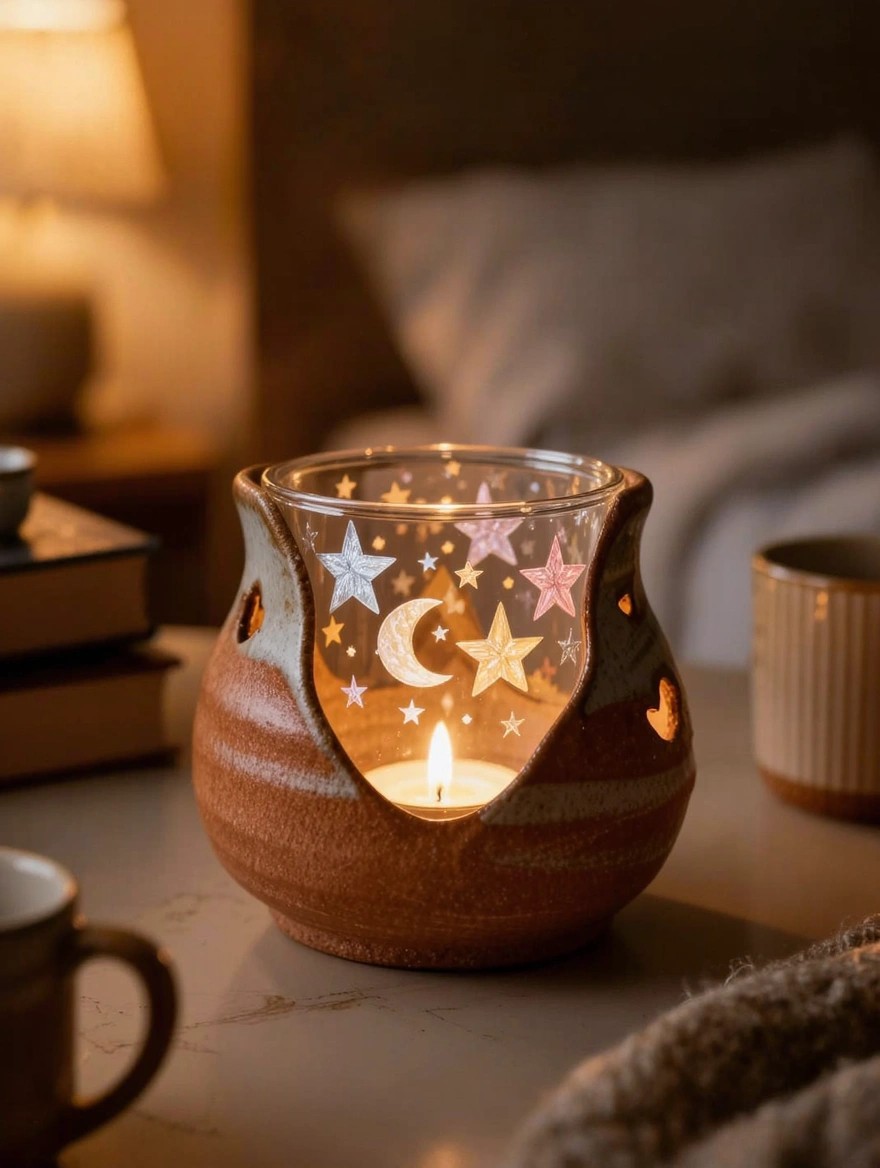 Terracotta ceramic tealight holder with painted starry glass liner on a bedside table next to books and mugs.