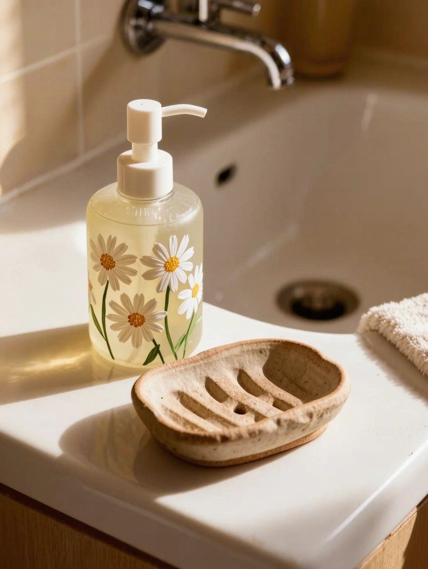 A small terracotta soap dish with ridges and drain holes sits on a white bathroom counter next to a glass dispenser and towel.