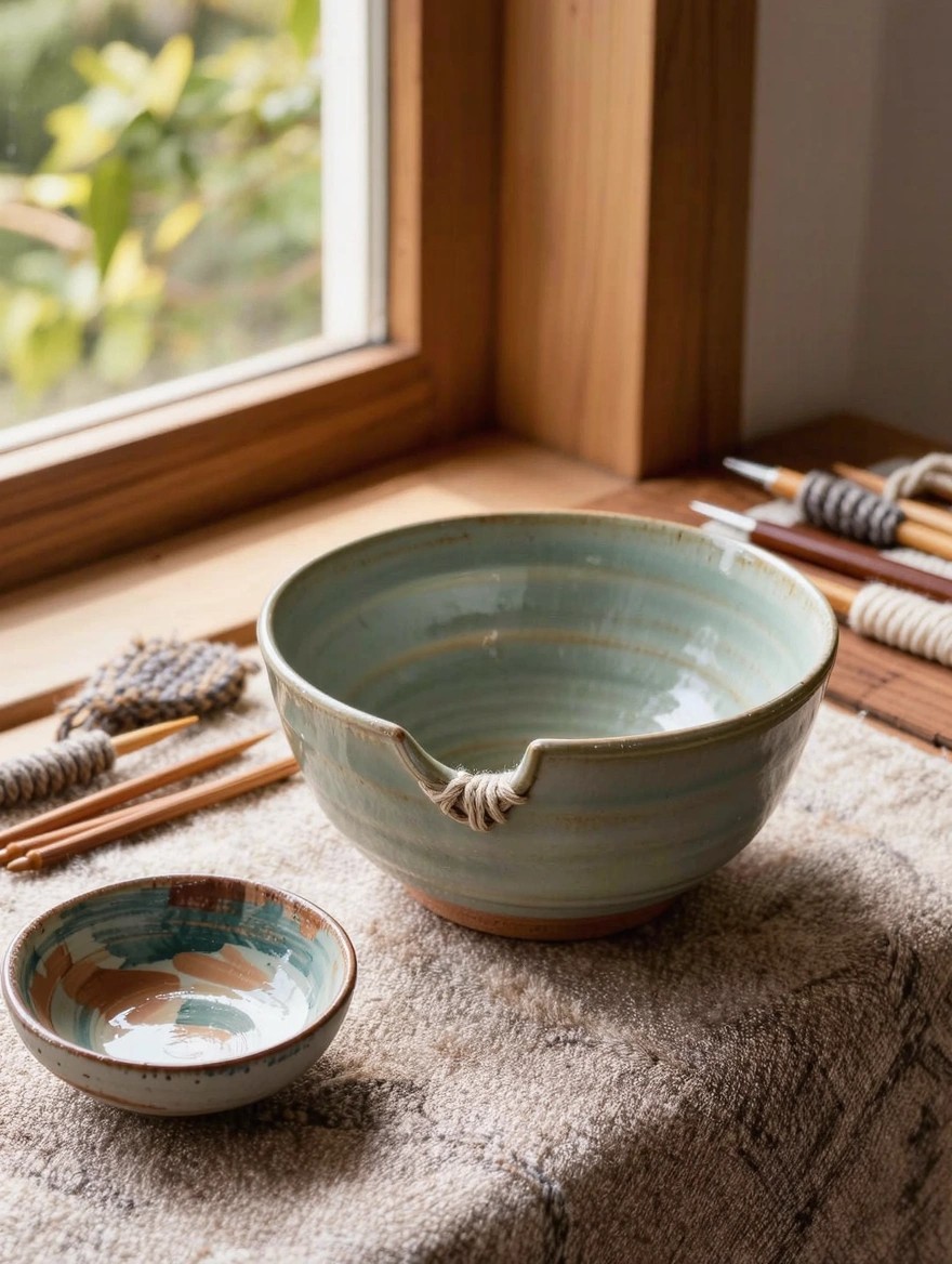 Large teal handmade ceramic bowl with twisted spout handle on a textured mat next to smaller multicolored dish, knitting yarn, needles, and chopsticks near a window.