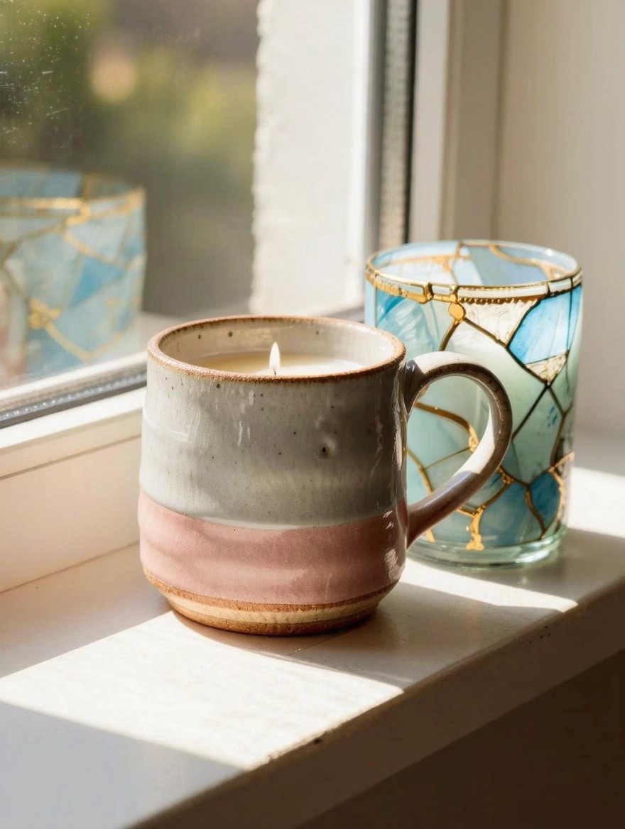 Handmade gray and pink ceramic mug with lit candle inside next to blue glass tumbler with gold kintsugi lines on a windowsill.