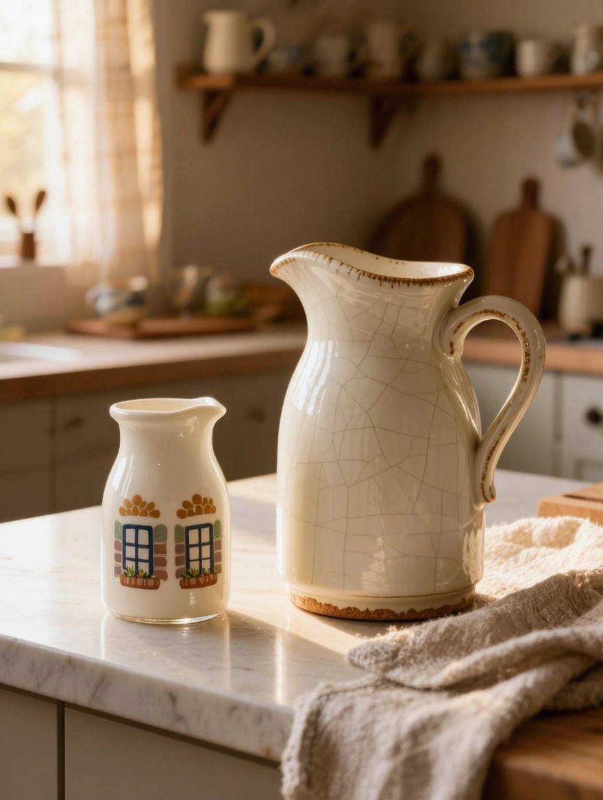 Two white ceramic pitchers on a kitchen counter, a small one with colorful painted windows containing milk and a larger crackle-glazed one nearby.