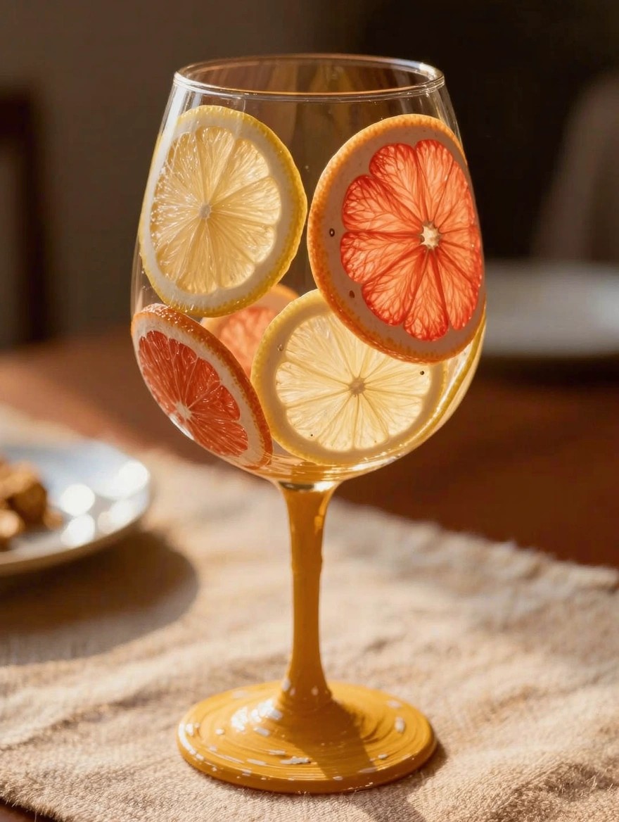 Clear wine glass painted with yellow lemon slices and pink grapefruit slices around the bowl, yellow painted stem and base on a wooden table with a plate nearby.