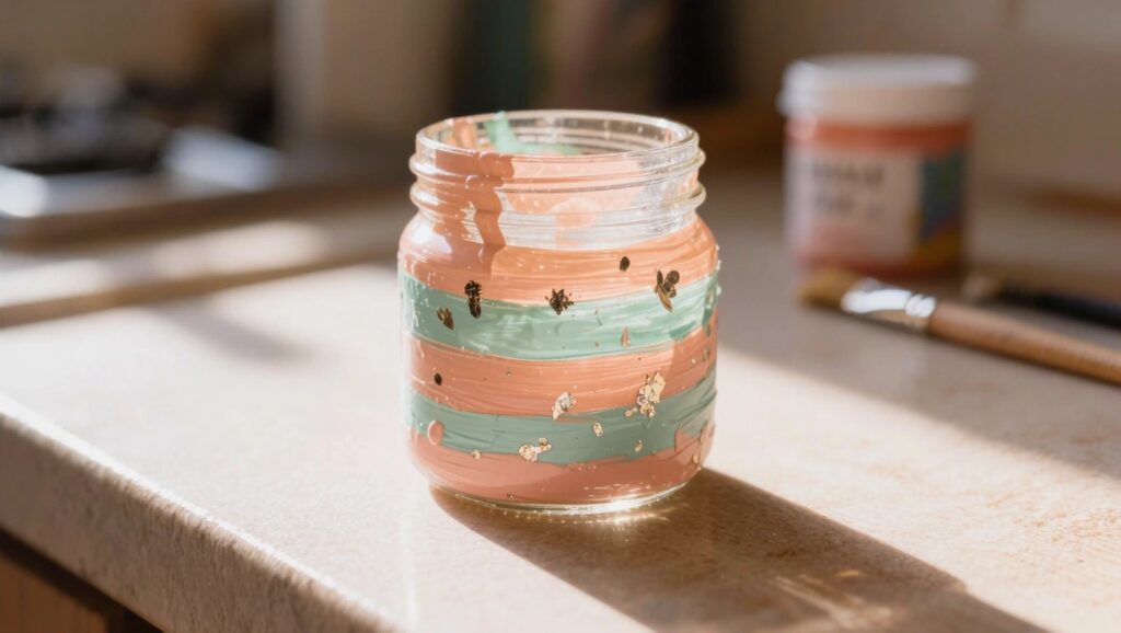19 Budget-Friendly Glass Painting Projects That Still Look High-End A clear glass mason jar painted with horizontal teal and peach stripes dotted with gold glitter sits on a table beside paint jars, a brush, and a small dish in sunlight.