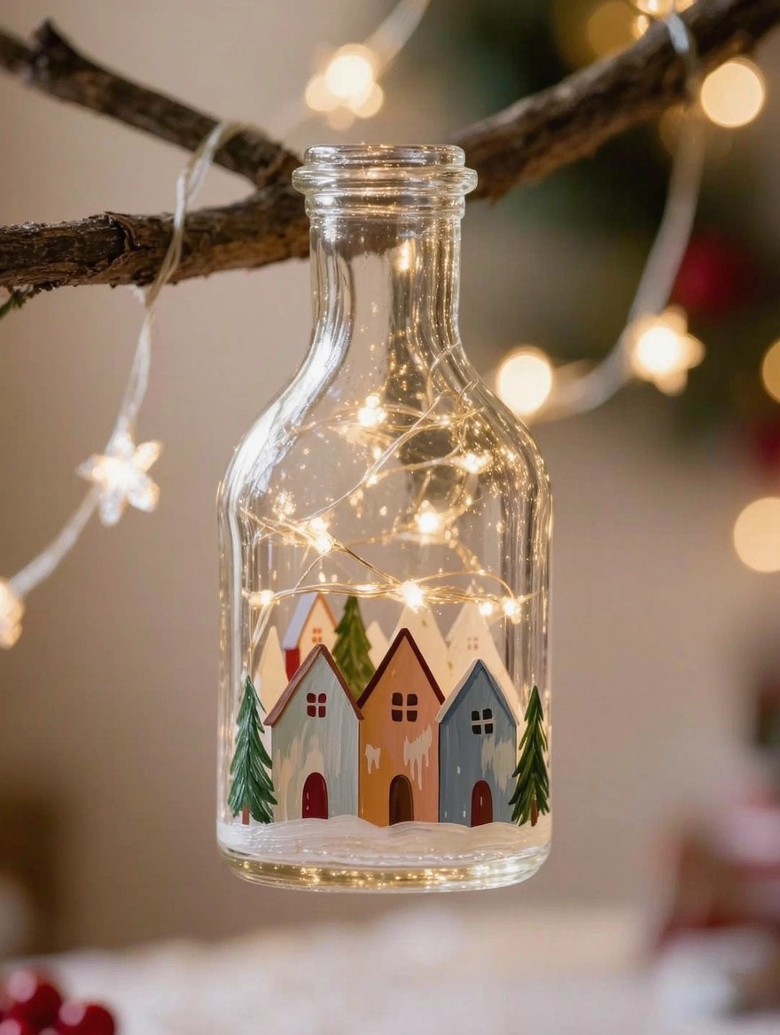 A clear glass bottle painted with colorful winter houses and Christmas trees contains glowing fairy lights and hangs from a branch with string amid holiday decorations.