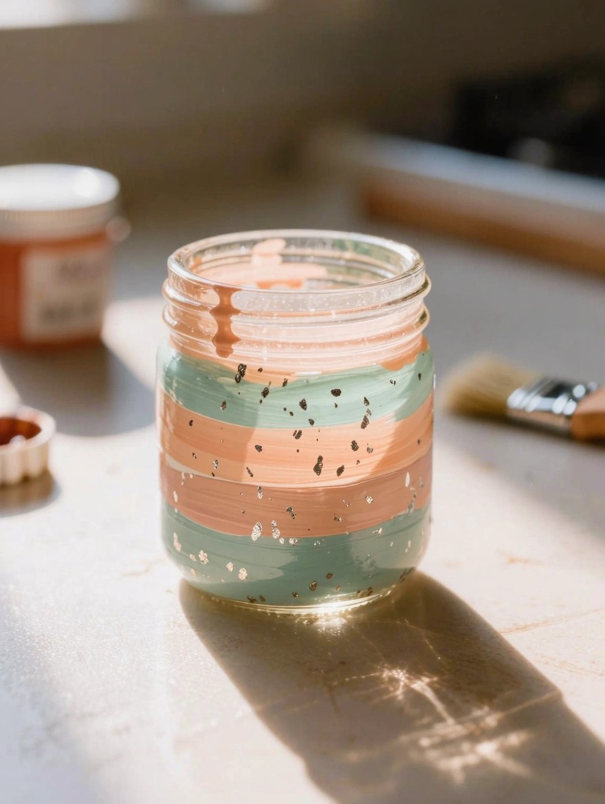 A clear glass mason jar painted with horizontal teal and peach stripes dotted with gold glitter sits on a table beside paint jars, a brush, and a small dish in sunlight.