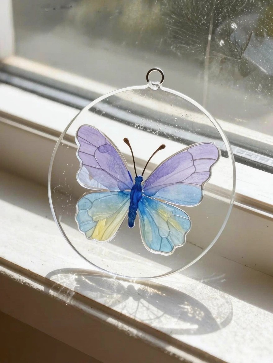 A clear circular glass disc with a painted multicolored butterfly hangs from a metal loop near a window.
