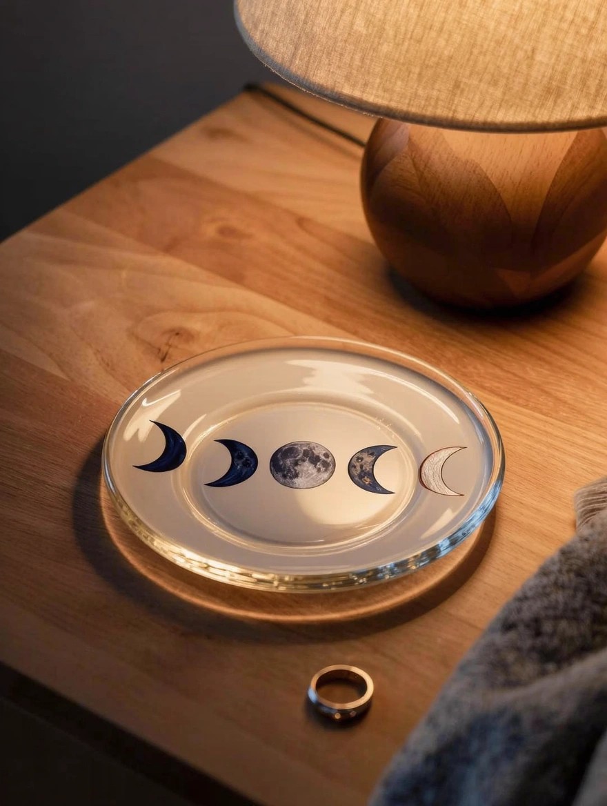 A clear glass plate painted with three blue moon phases rests on a wooden table beside a wooden lamp base and a silver ring.