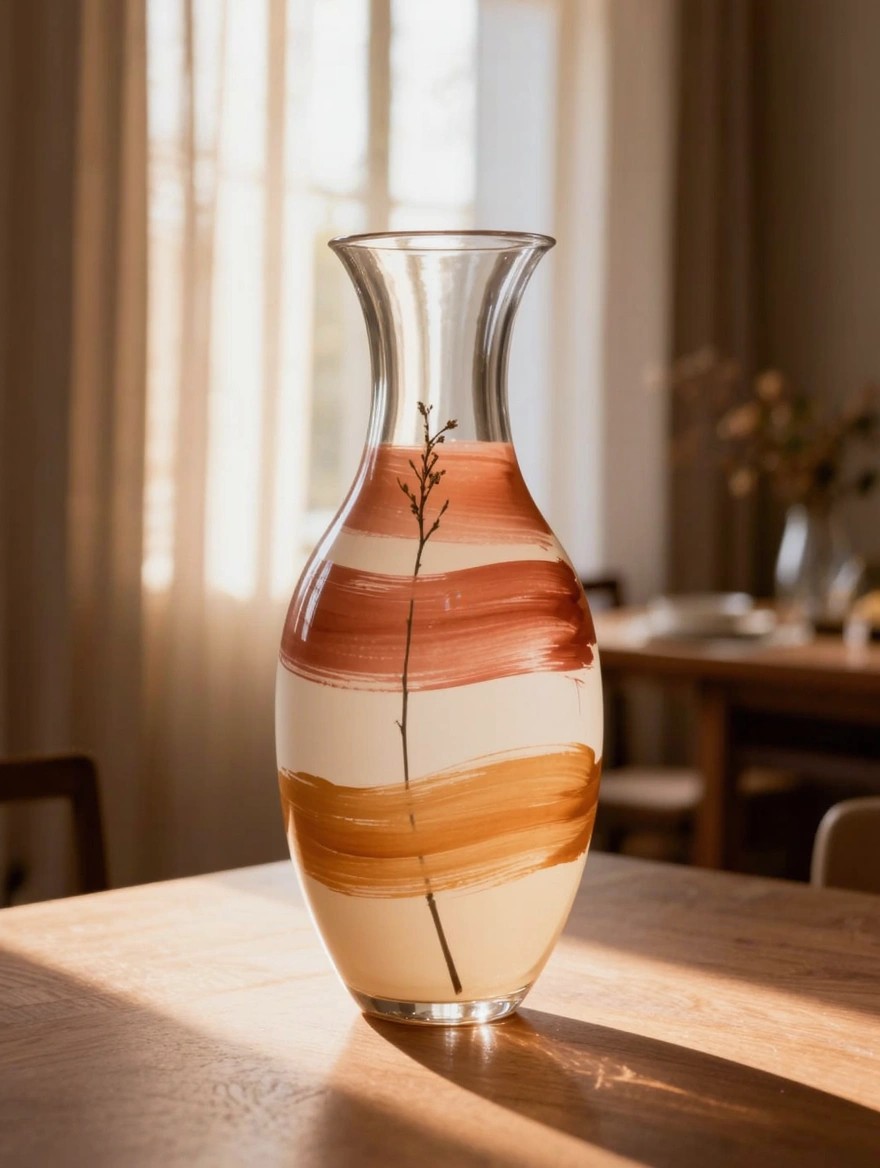 Clear glass vase with horizontal abstract brush strokes in terracotta, orange, and cream paints, holding a thin dried stem, on a wooden table by a window.