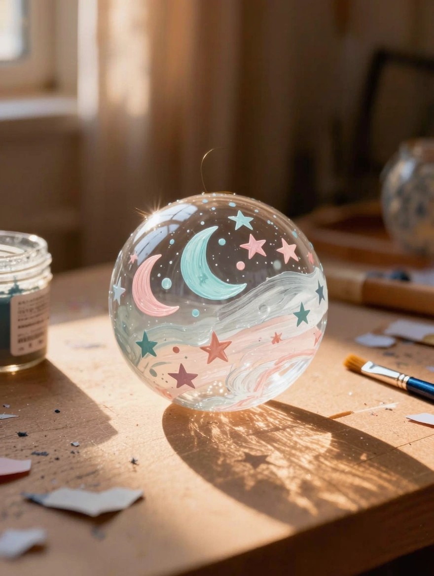A hand-painted clear glass sphere with pastel moons, stars, and wavy lines sits on a wooden table amid paint jars, brushes, and paper scraps.