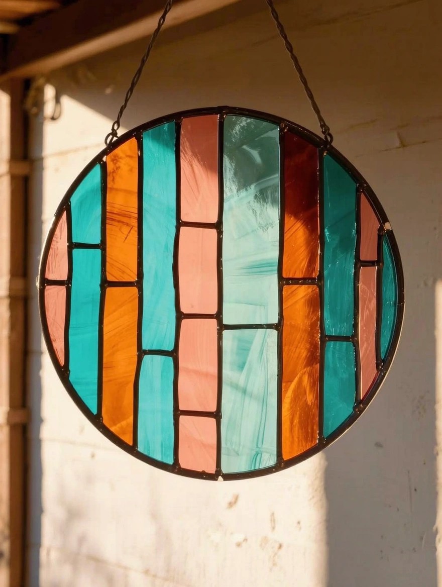 A round stained glass-style sun catcher with geometric stripes and blocks in teal, orange, pink, and red hangs from a chain against a white wall in sunlight.