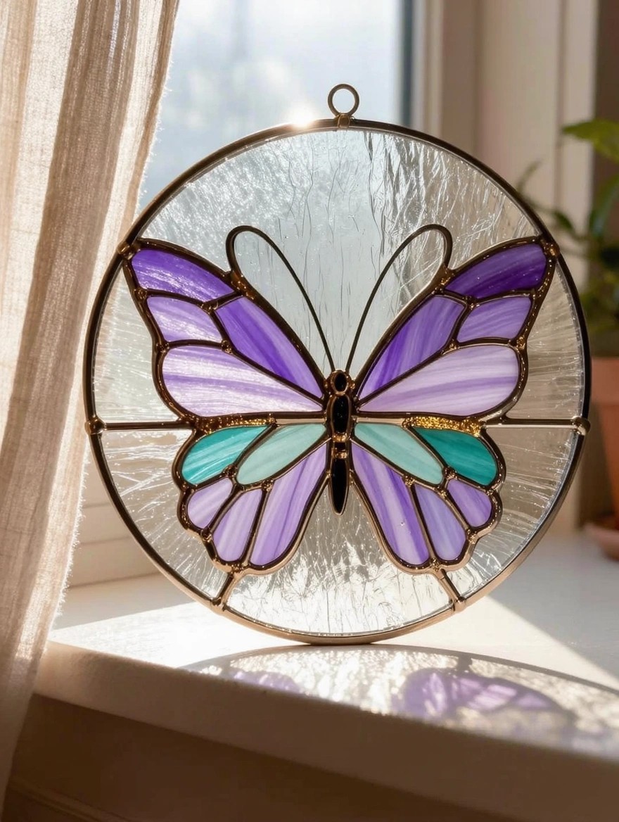 Circular metal-framed glass sun catcher with purple and teal butterfly design hanging by a sunny window.