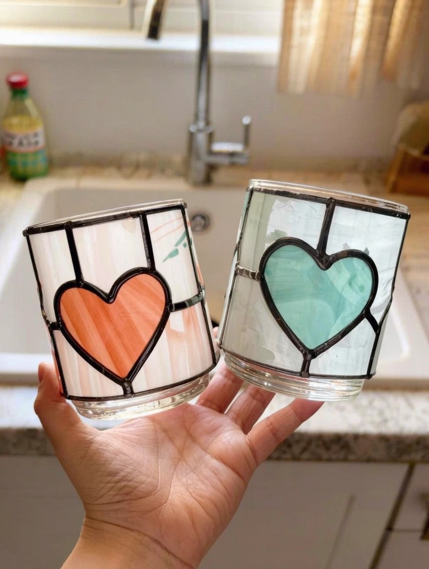 Two cylindrical drinking glasses painted with black grid lines framing orange and teal translucent hearts, held in a hand near a kitchen sink.