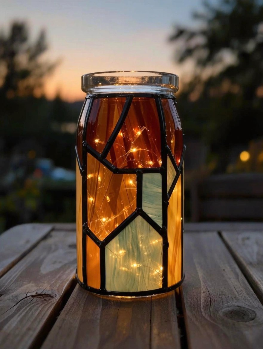 A clear glass jar painted with black leading lines and geometric panels in orange, amber, and green stained glass paints, lit from inside by string lights on a wooden table at dusk.