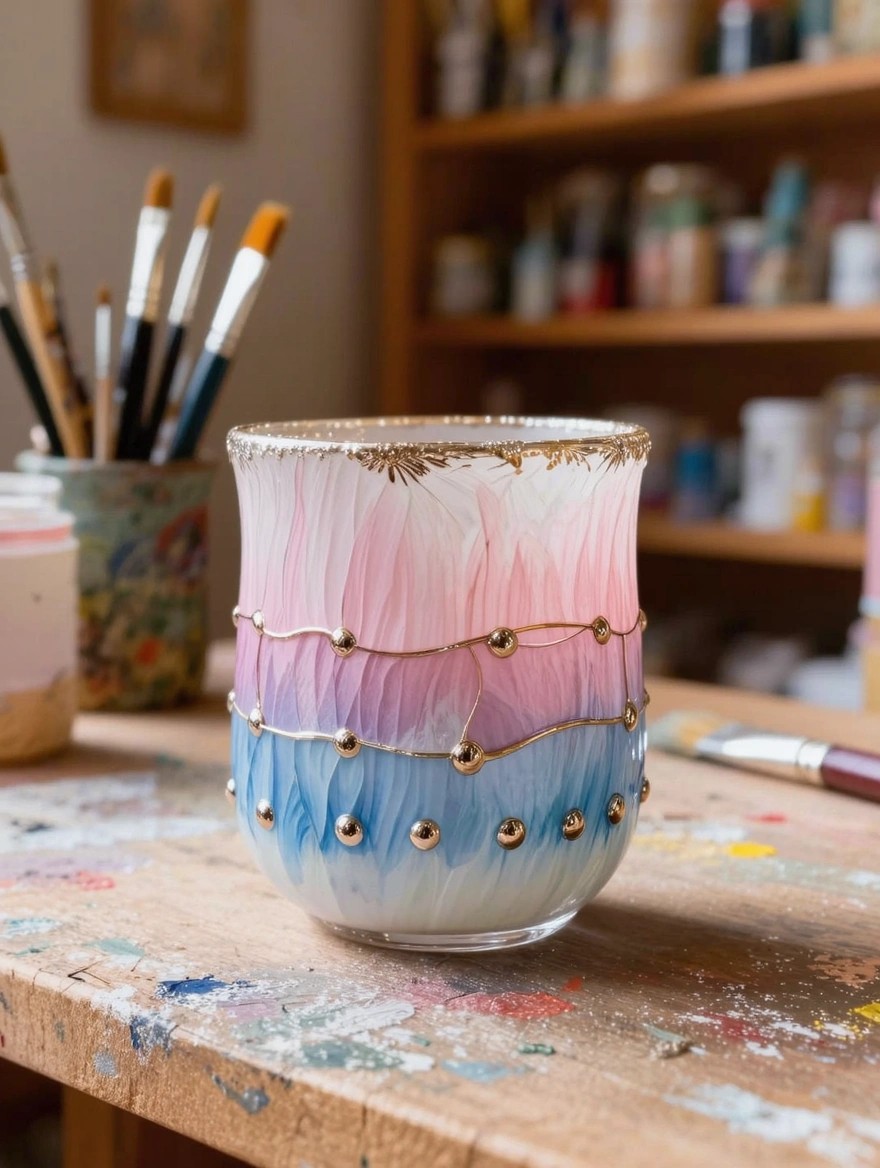 Clear glass vase with painted ombre feather patterns from white-pink to blue and gold rim and bands sits on a paint-splattered table amid brushes and jars.