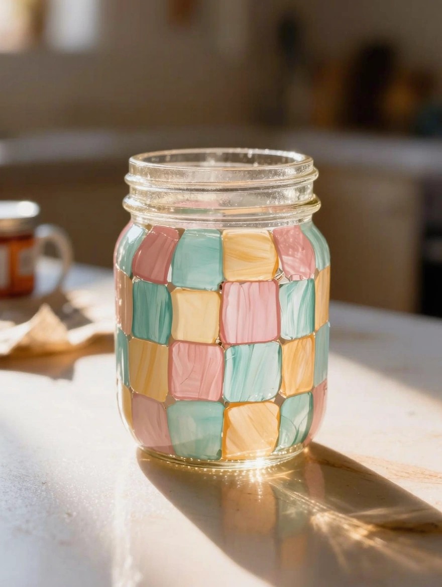 A clear glass mason jar painted with a multicolored checkered patchwork in translucent pink, teal, and yellow squares sits on a sunlit kitchen table.