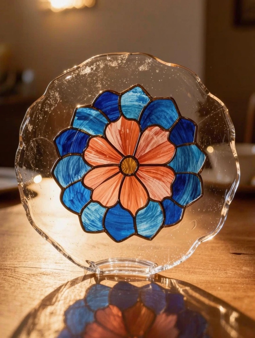 Clear scalloped glass plate painted with an orange and blue stained glass flower design in the center, on a wooden table with light reflections.