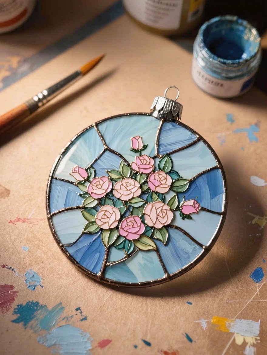 Round glass Christmas ornament painted in stained glass style with pink roses and blue panels on a craft table with paint jars and brush.