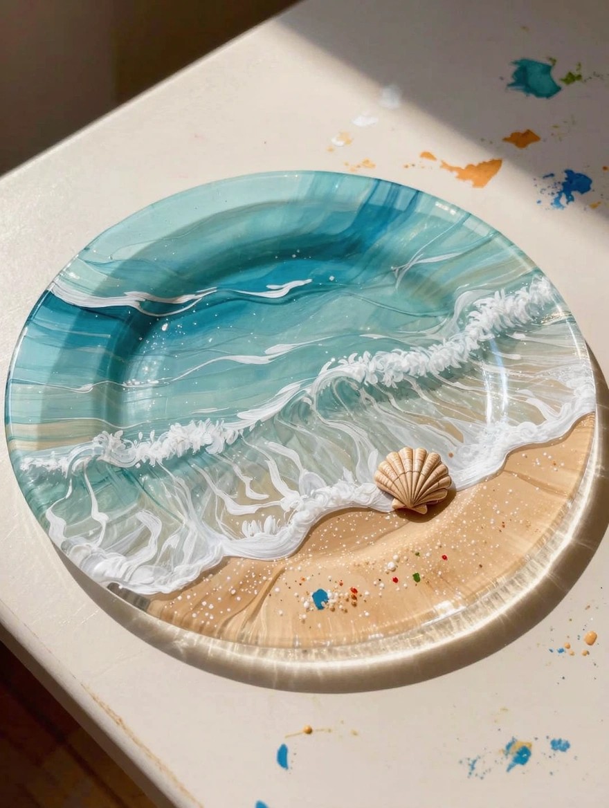Clear round glass plate painted with turquoise ocean waves, white foam, beige sand beach, tiny colorful specks, and a wooden scallop shell.