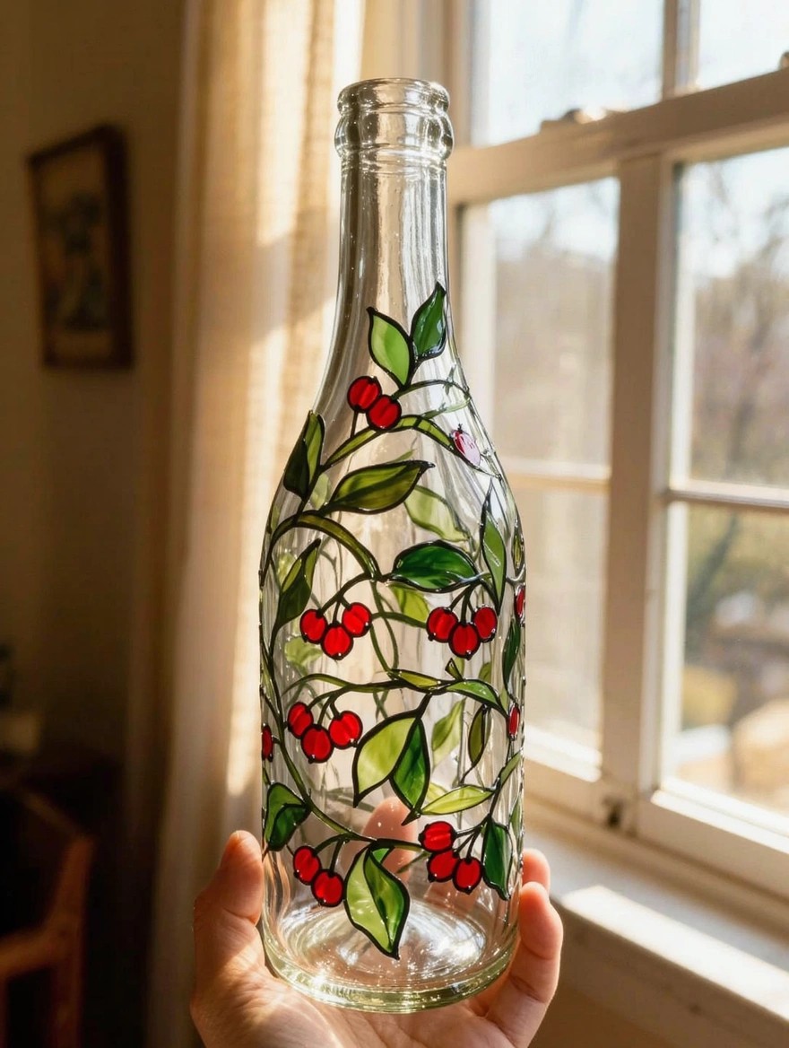 A hand holds a clear glass bottle painted with red cherries, green leaves, and black outlines in faux stained glass style against a sunlit window.