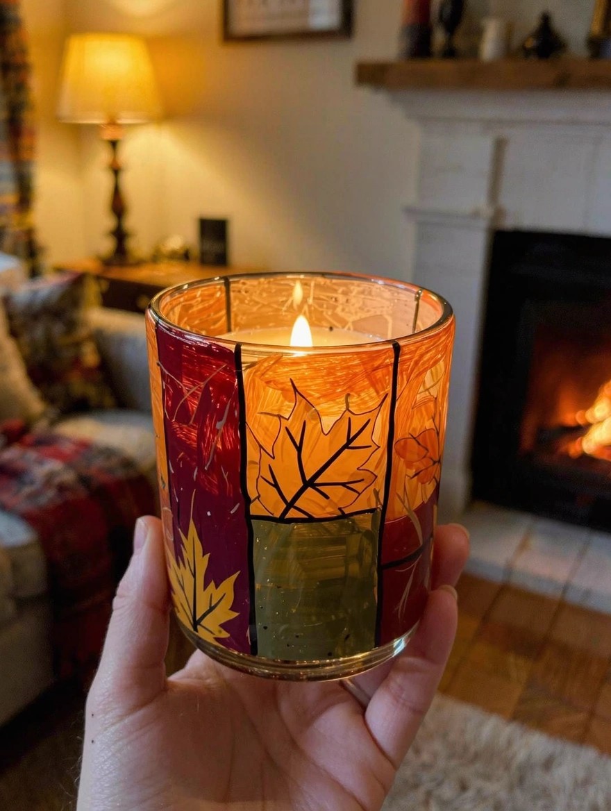 A hand holds a lit glass candle jar painted with fall maple leaves in red, orange, yellow, and green panels in a cozy living room by a fireplace.