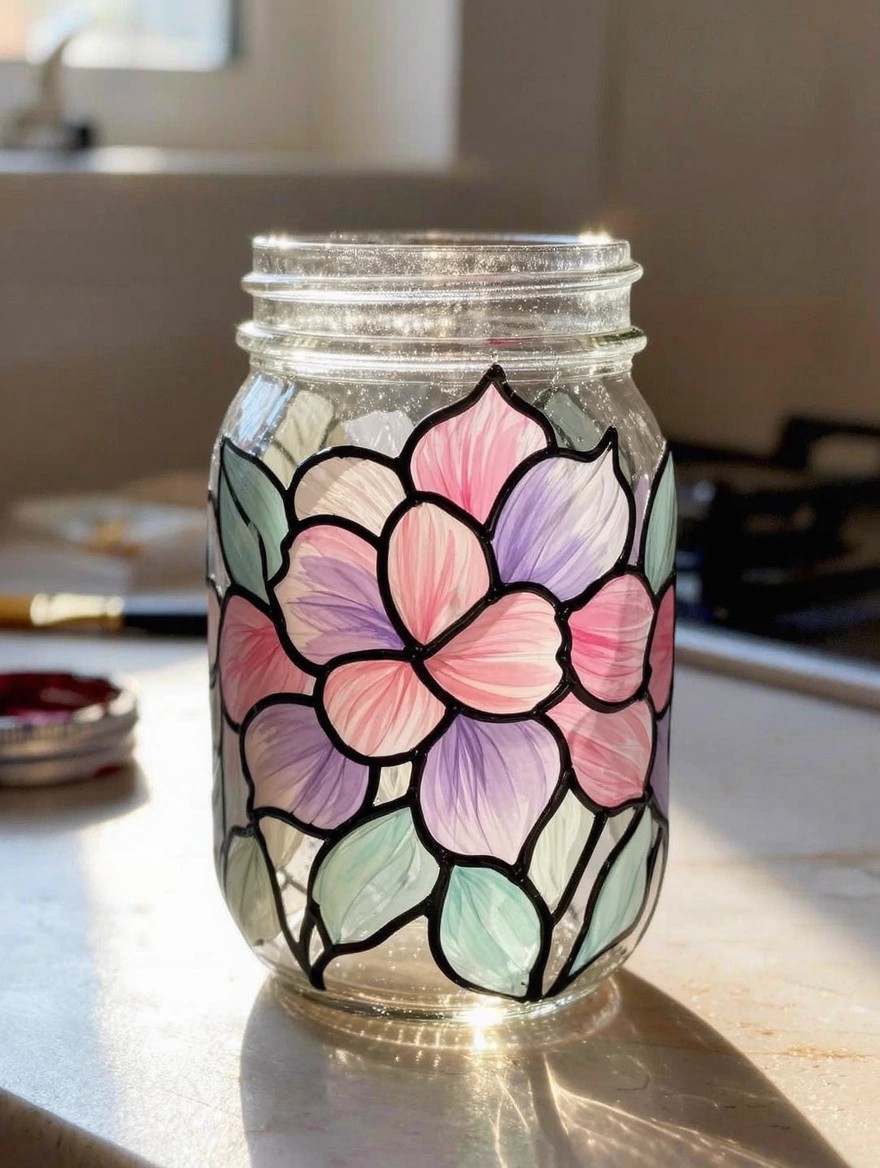 A clear mason jar painted with pink, purple, and green faux stained glass flowers sits on a kitchen counter next to a paintbrush and lid.