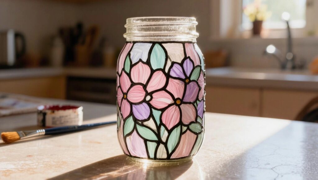 A clear mason jar painted with pink, purple, and green faux stained glass flowers sits on a kitchen counter next to a paintbrush and lid.
