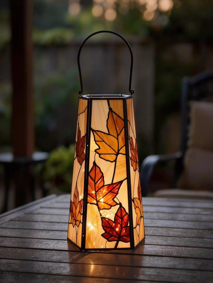Tall glass lantern with black metal frame painted in faux stained glass style featuring orange and yellow maple leaves, lit from inside on a wooden outdoor table.