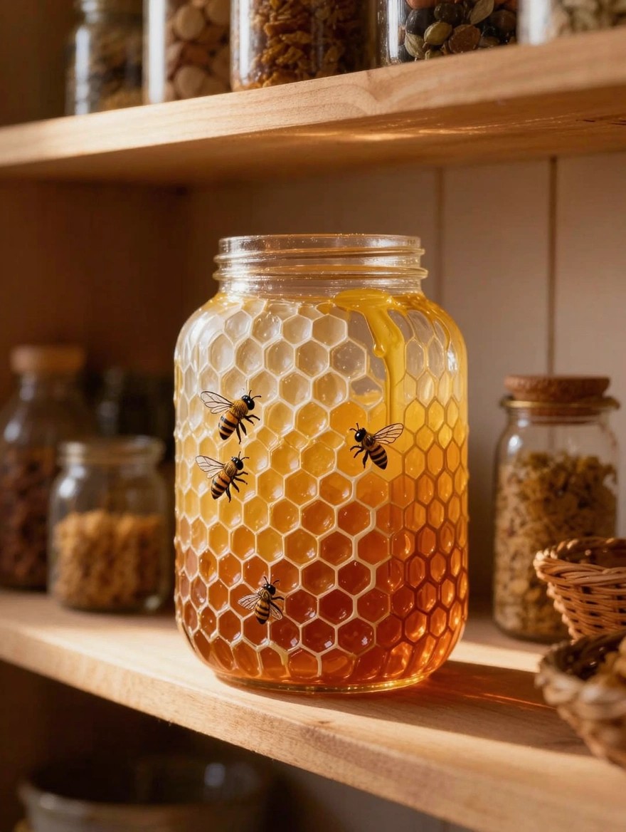 Clear glass jar painted with yellow-orange honeycomb pattern, black bees, and filled with honey on a wooden shelf with other jars.
