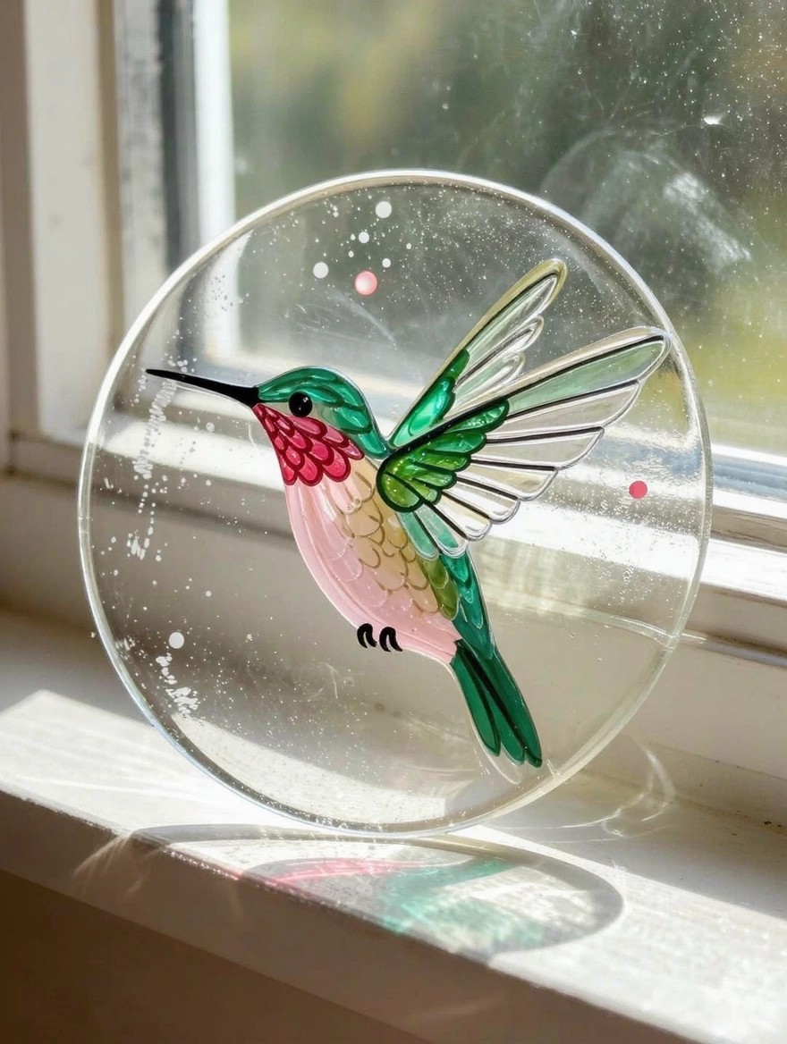 A round clear glass disc painted with a colorful hummingbird sits on a sunny windowsill.