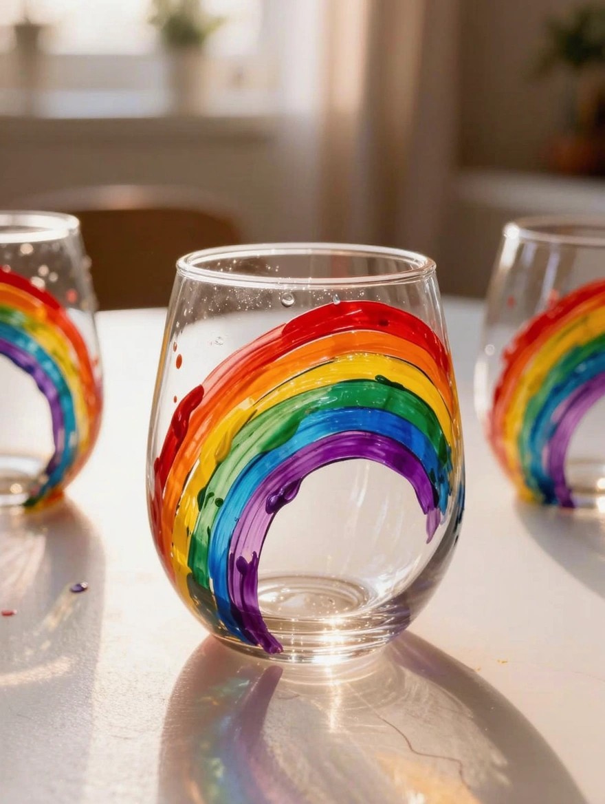 Three clear stemless wine glasses with hand-painted rainbow stripes sit on a white table near a window.