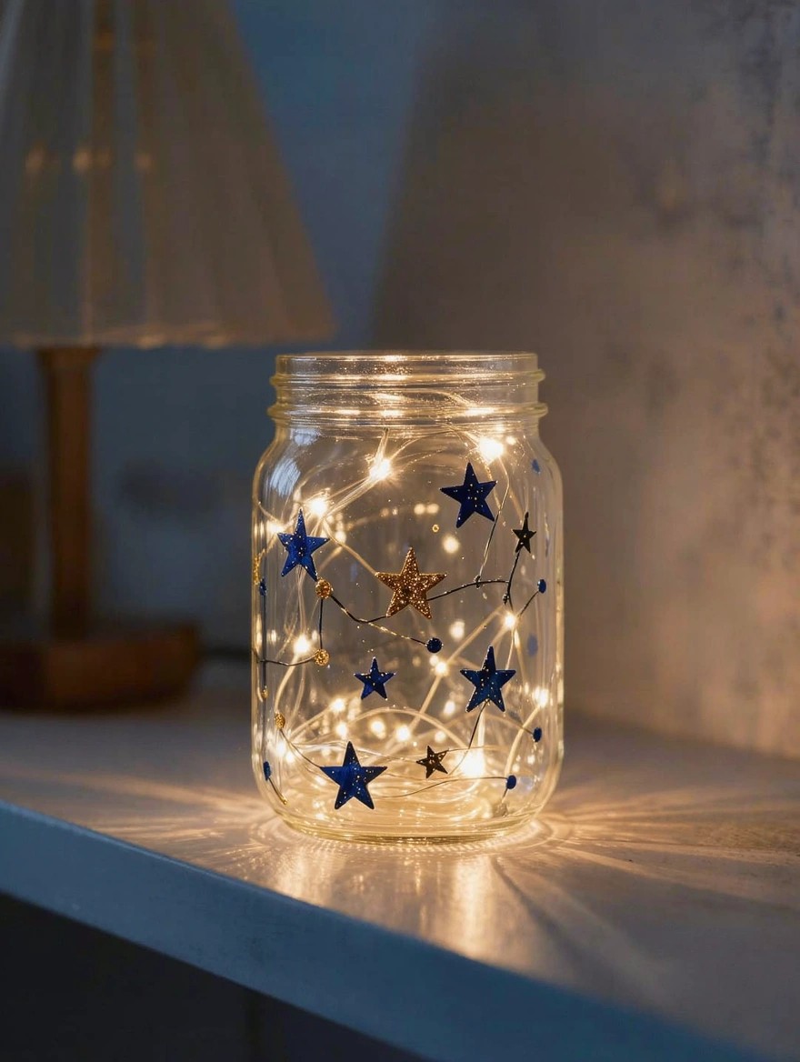 Clear glass mason jar painted with blue stars, gold accents, and constellation lines, filled with glowing fairy lights on a wooden surface.