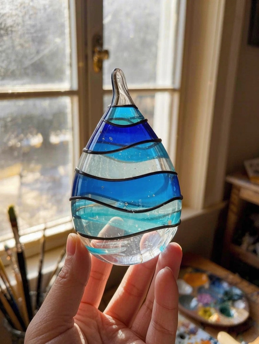 A hand holds a teardrop-shaped clear glass ornament painted with wavy blue stripes and black outlines near a sunny window in an art studio.