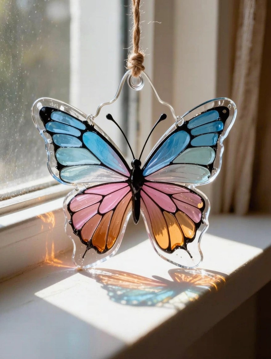 A colorful faux stained glass butterfly suncatcher hangs from rope by a window on a sill, casting rainbow shadows.