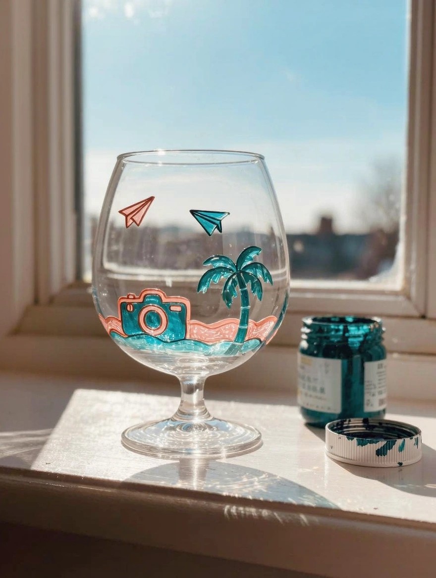 A clear balloon wine glass painted with a teal camera, palm tree, sand, and paper airplanes sits on a windowsill beside a jar and lid of teal paint.