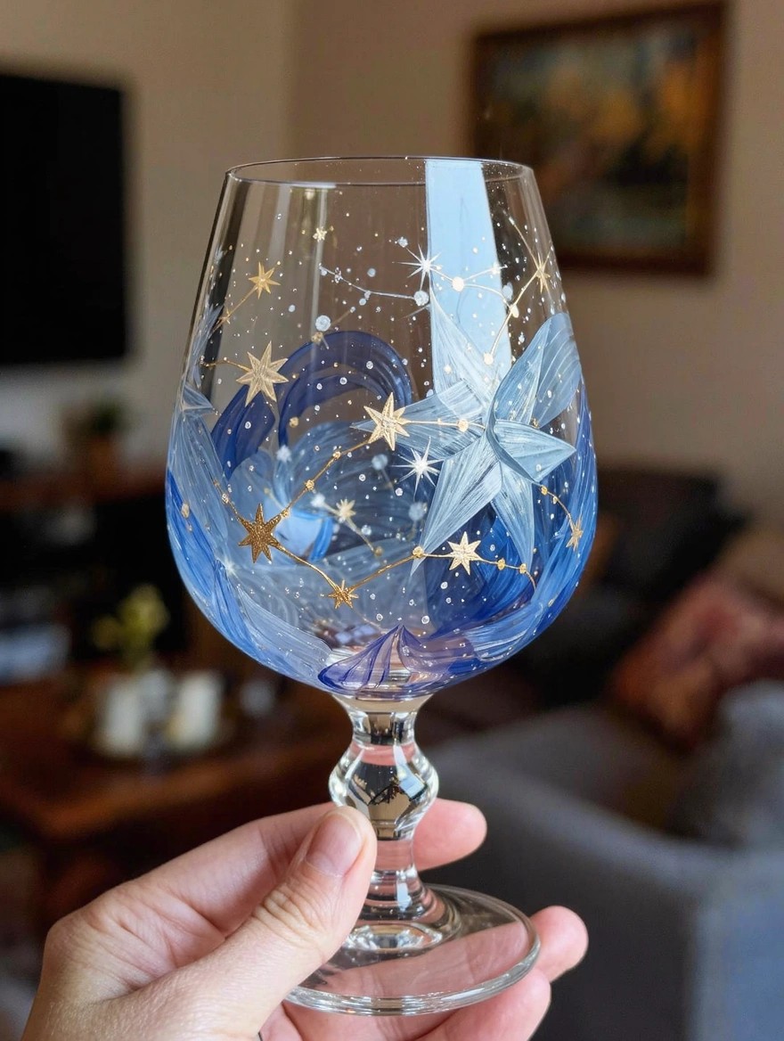 Clear wine goblet painted with blue moons, gold constellations, stars, and sparkles, held by a hand in a living room.