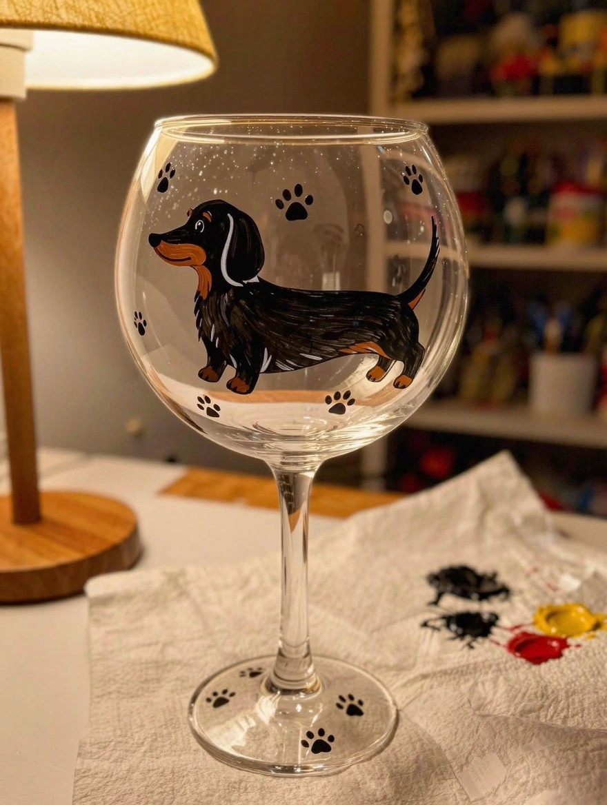 Clear stemmed goblet painted with a black dachshund dog curving around the bowl and black paw prints on the glass, next to craft supplies on a table.