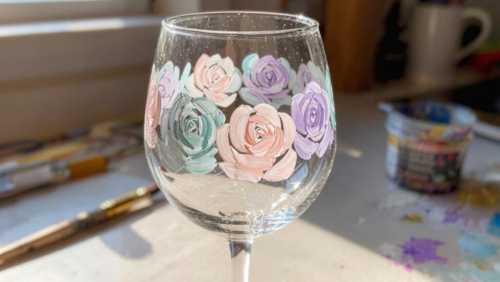 Clear stemmed wine glass hand-painted with multicolored roses in pinks, blues, and purples sits on a kitchen counter beside a paintbrush.