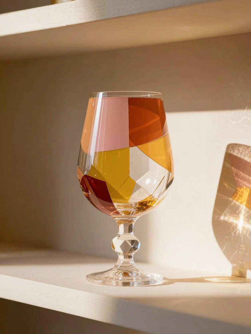 A stemmed wine glass painted with geometric facets in pink, orange, yellow, and red sits on a white shelf with light creating reflections through the glass.