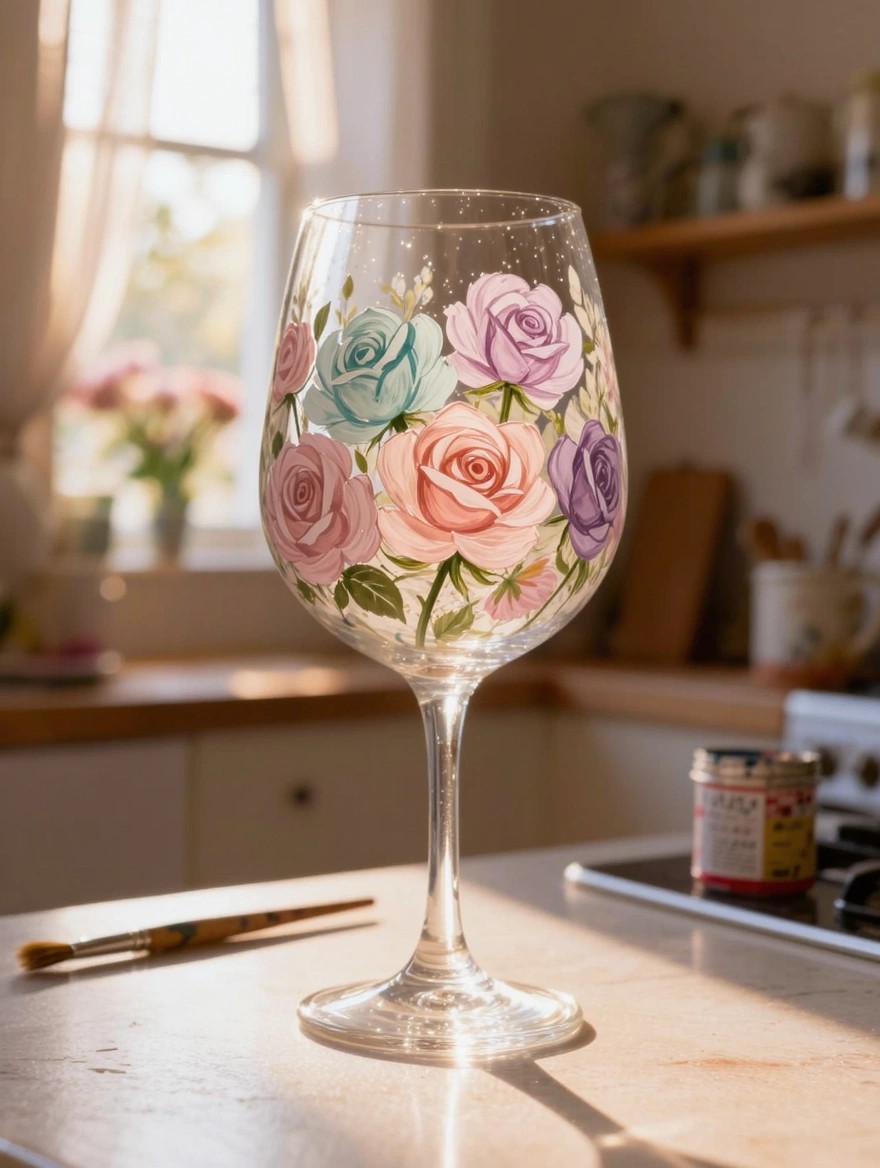 Clear stemmed wine glass hand-painted with multicolored roses in pinks, blues, and purples sits on a kitchen counter beside a paintbrush.