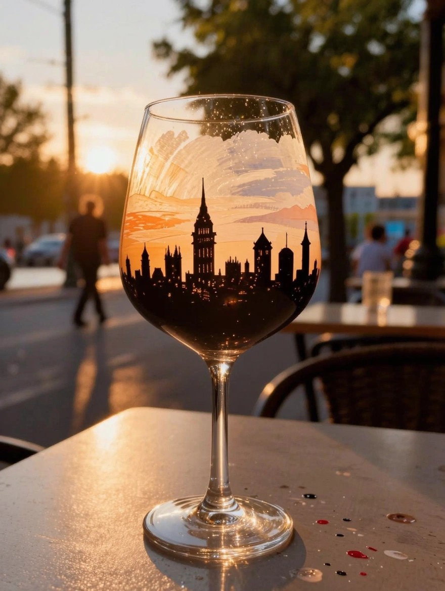 A painted wine glass holds dark liquid with a black city skyline silhouette and sunset gradients visible through the transparent bowl, set on a table at dusk outdoors.