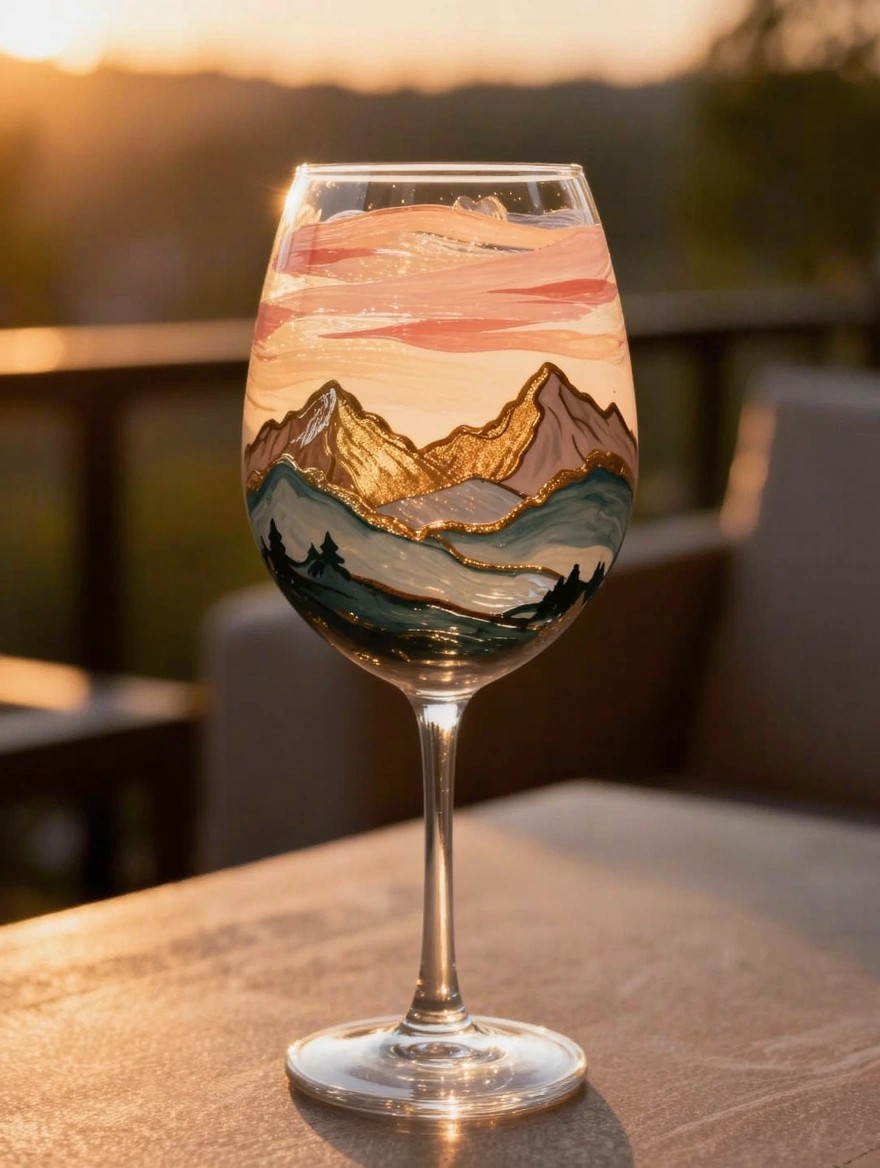 A clear stemmed wine glass painted on the bowl with a landscape of golden mountains, pine trees, teal valleys, and pink sunset sky, set on a table outdoors at dusk.