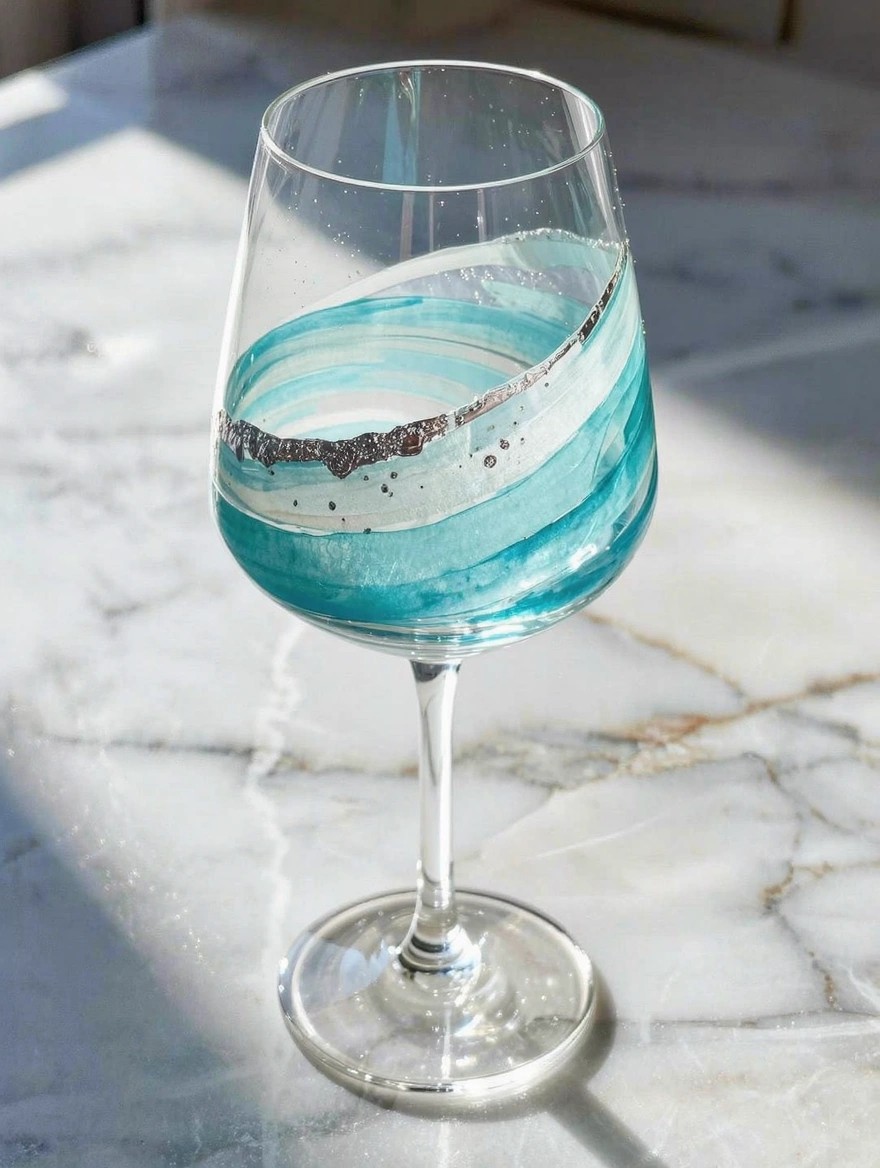 A stemmed wine glass with hand-painted swirling aqua and teal waves accented by silver glitter lines sits on a white marble table in sunlight.