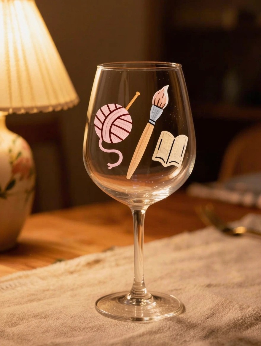Clear stemmed wine glass painted with pink yarn ball and tail, wooden-handled paintbrush with pink tip, and open book on the bowl, set on a wooden table near a lamp and vase.