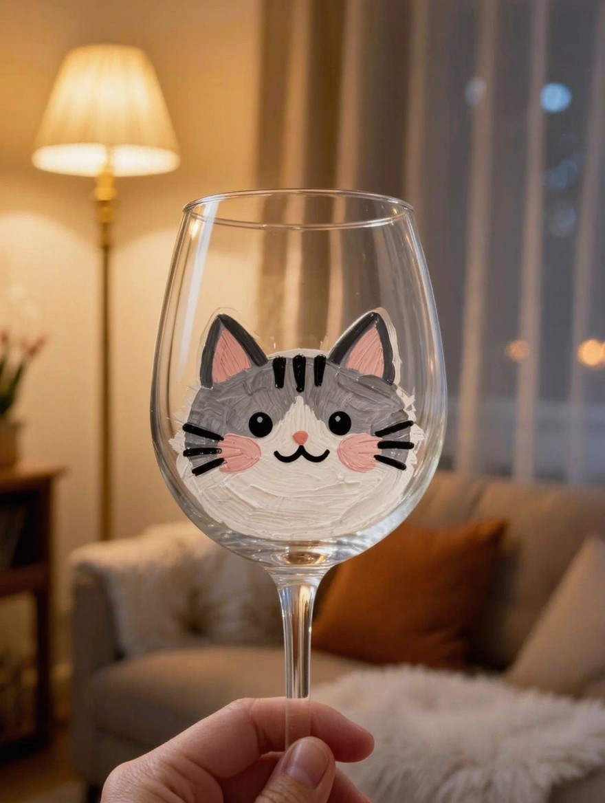 A hand holds a clear stemmed wine glass painted with a gray tabby cat face in a warmly lit living room.