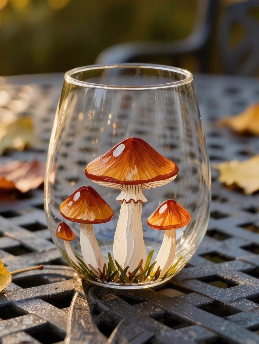 A clear stemless wine glass painted with three orange-topped mushrooms and grass sits empty on a metal table with yellow fall leaves nearby.