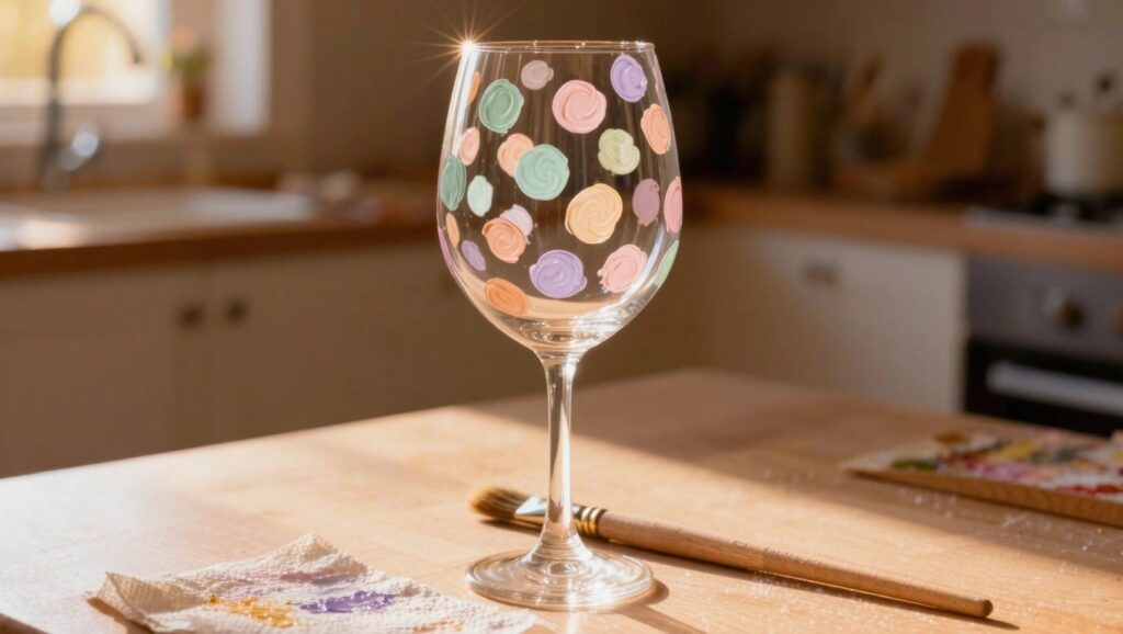 Clear stemmed wine glass painted with multicolored pastel dots on the bowl, next to a paintbrush, palette, and rag on a kitchen counter.