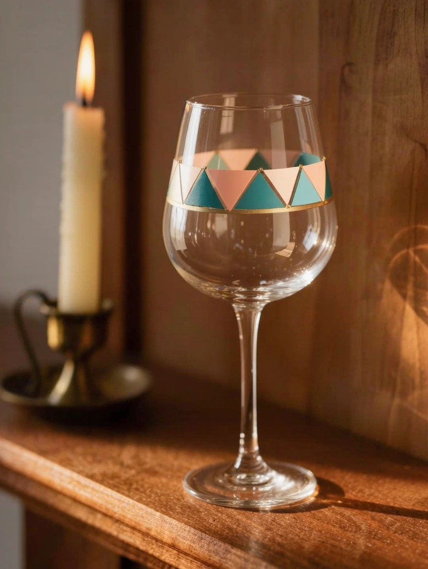 Clear stemmed wine glass with a band of multicolored geometric triangles and gold outlines around the bowl, placed next to a lit candle in a brass holder on a wooden shelf.