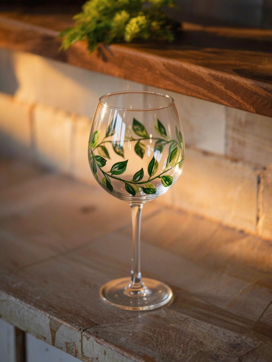 Clear wine glass with green painted leaves and vines wrapping the bowl and thin gold rim, on a wooden surface.