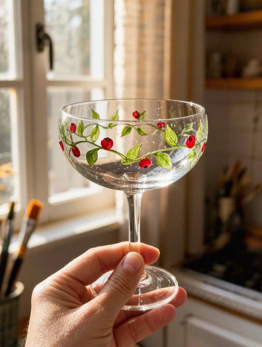 A hand holds a clear coupe-shaped wine glass hand-painted with green vines, leaves, and red ladybugs around the bowl in a sunlit kitchen studio.