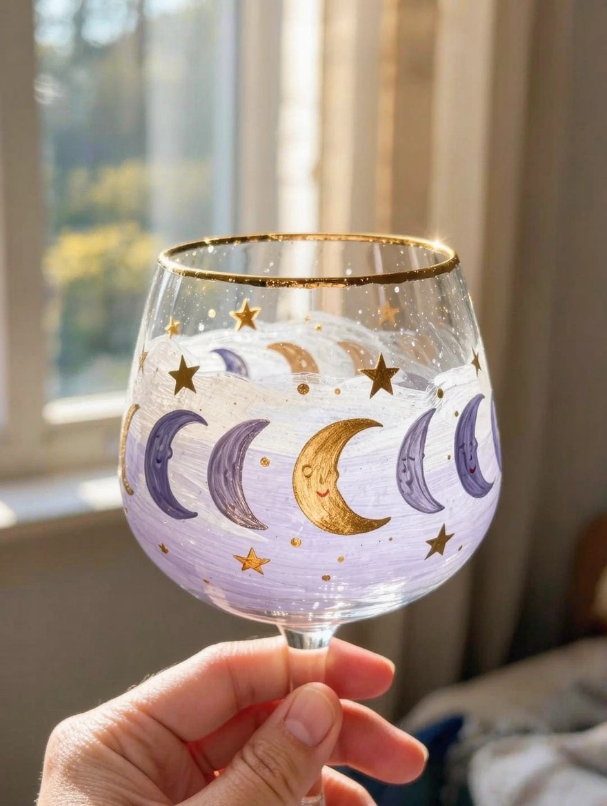A hand holds a stemmed wine glass painted in lavender with purple moons, gold stars, and a gold rim, filled with sparkling clear liquid, set against a window.
